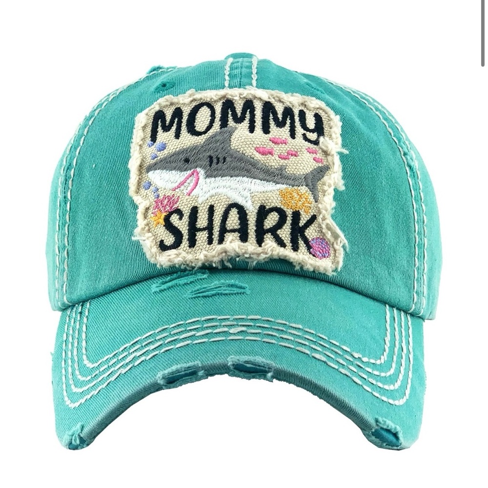 Teal Mommy Shark Vintage Style Distressed Ball Cap